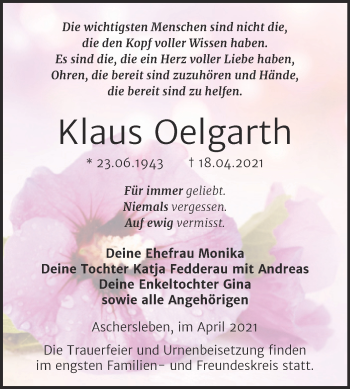 Traueranzeige von Klaus Oelgarth von Mitteldeutsche Zeitung Aschersleben