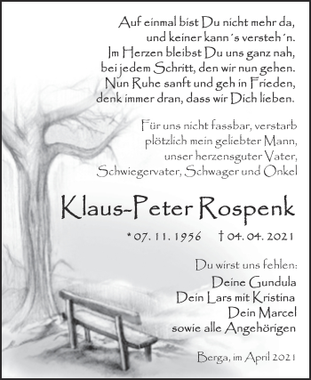 Traueranzeige von Klaus-Peter Rospenk von Mitteldeutsche Zeitung Sangerhausen