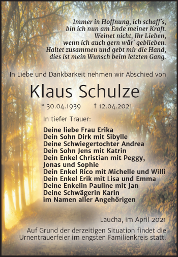 Traueranzeige von Klaus Schulze von Wochenspiegel Naumburg/Nebra