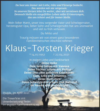 Traueranzeige von Klaus-Torsten Krieger von Trauerkombi Bitterfeld