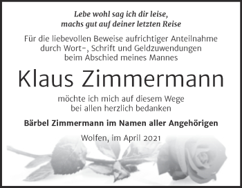 Traueranzeige von Klaus Zimmermann von Trauerkombi Bitterfeld