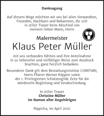 Traueranzeige von Klaus Peter Müller von Mitteldeutsche Zeitung Zeitz