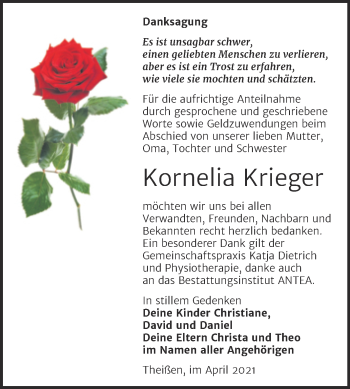 Traueranzeige von Kornelia Krieger von Super Sonntag Zeitz