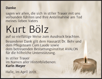 Traueranzeige von Kurt Bölz von Mitteldeutsche Zeitung Halle/Saalkreis