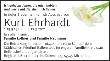 Traueranzeige von Kurt Ehrhardt von Mitteldeutsche Zeitung Quedlingburg