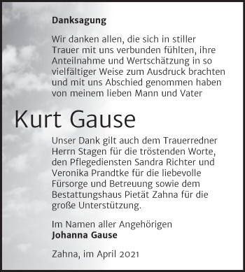 Traueranzeige von Kurt Gause von Mitteldeutsche Zeitung Wittenberg
