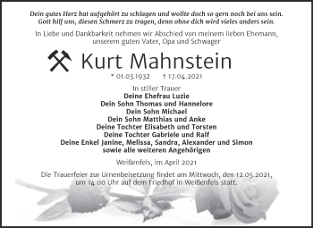 Traueranzeige von Kurt Mahnstein von Mitteldeutsche Zeitung Weißenfels