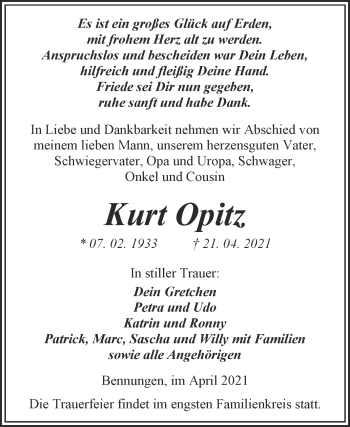 Traueranzeige von Kurt Opitz von Trauerkombi Sangerhausen