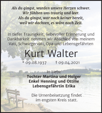 Traueranzeige von Kurt Walter von Mitteldeutsche Zeitung Aschersleben