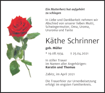 Traueranzeige von Käthe Schrinner von Trauerkombi Mansfelder Land