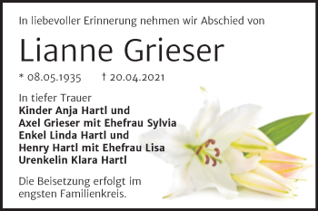 Traueranzeige von Lianne Grieser von Trauerkombi Bernburg