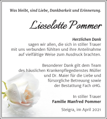 Traueranzeige von Lieselotte Pommer von Mitteldeutsche Zeitung Merseburg/Querfurt