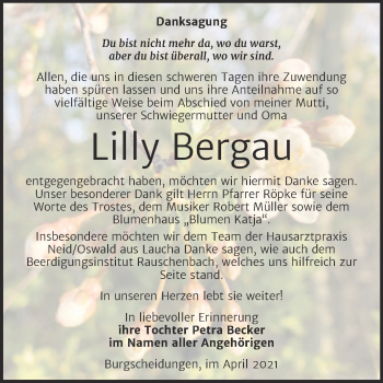 Traueranzeige von Lilly Bergau von Wochenspiegel Naumburg/Nebra