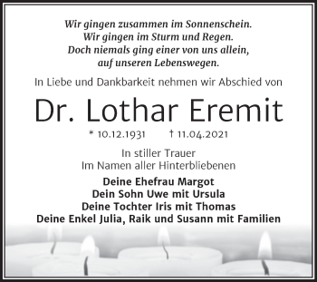 Traueranzeige von Lothar Eremit von Mitteldeutsche Zeitung Merseburg/Querfurt