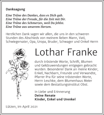 Traueranzeige von Lothar Franke von Mitteldeutsche Zeitung Weißenfels