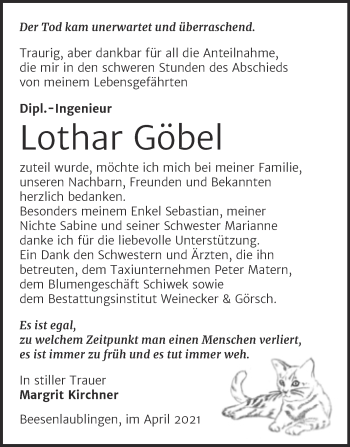Traueranzeige von Lothar Göbel von Trauerkombi Bernburg