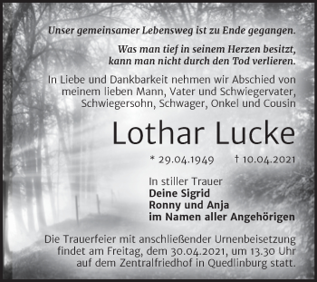 Traueranzeige von Lothar Lucke von Mitteldeutsche Zeitung Quedlingburg