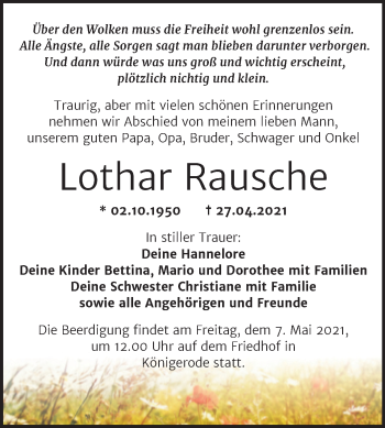 Traueranzeige von Lothar Rausche von Trauerkombi Quedlinburg