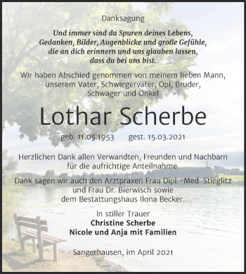 Traueranzeige von Lothar Scherbe von Mitteldeutsche Zeitung Sangerhausen
