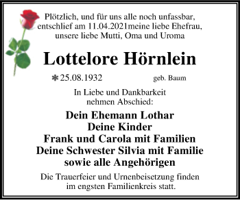 Traueranzeige von Lottelore Hörnlein von Mitteldeutsche Zeitung Dessau-Roßlau