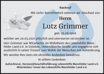 Traueranzeige von Lutz Grimmer von Mitteldeutsche Zeitung Mansfelder Land