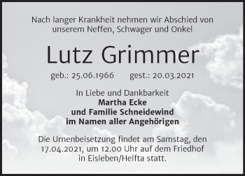 Traueranzeige von Lutz Grimmer von Wochenspiegel Mansfelder Land