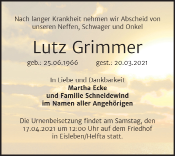 Traueranzeige von Lutz Grimmer von Mitteldeutsche Zeitung Mansfelder Land