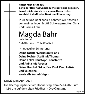 Traueranzeige von Magda Bahr von Mitteldeutsche Zeitung Zeitz