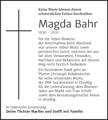 Traueranzeige von Magda Bahr von Trauerkombi Zeitz