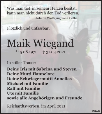 Traueranzeige von Maik Wiegand von Mitteldeutsche Zeitung Weißenfels