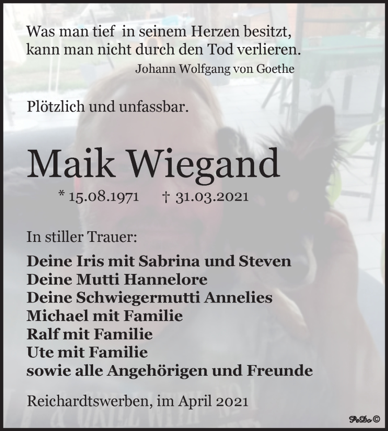  Traueranzeige für Maik Wiegand vom 14.04.2021 aus Mitteldeutsche Zeitung Weißenfels