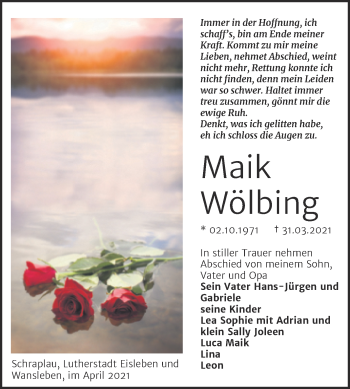 Traueranzeige von Maik Wölbing von Super Sonntag Mansfelder Land