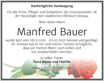 Traueranzeige von Manfred Bauer von Trauerkombi Dessau