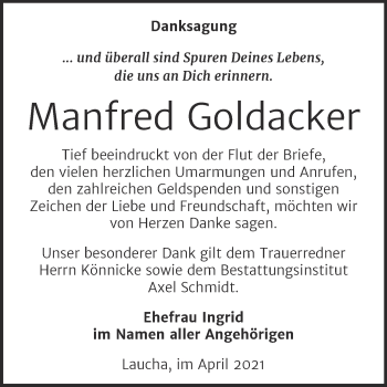 Traueranzeige von Manfred Goldacker von Wochenspiegel Naumburg/Nebra