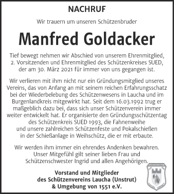 Traueranzeige von Manfred Goldacker von Wochenspiegel Naumburg/Nebra