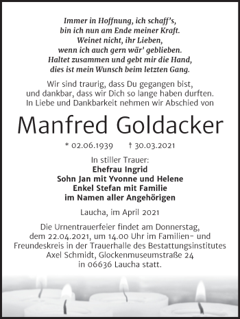 Traueranzeige von Manfred Goldacker von Wochenspiegel Naumburg/Nebra