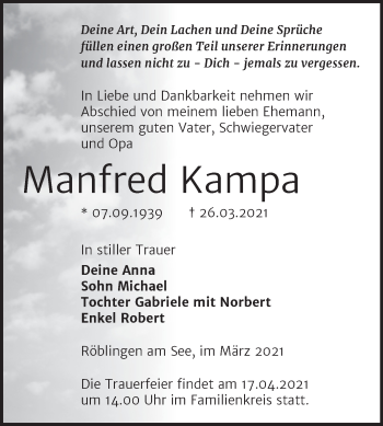 Traueranzeige von Manfred Kampa von Mitteldeutsche Zeitung Mansfelder Land