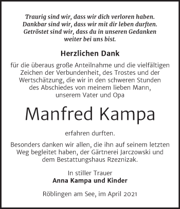 Traueranzeige von Manfred Kampa von Trauerkombi Mansfelder Land