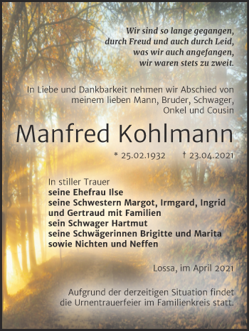 Traueranzeige von Manfred Kohlmann von Naumburger Tageblatt