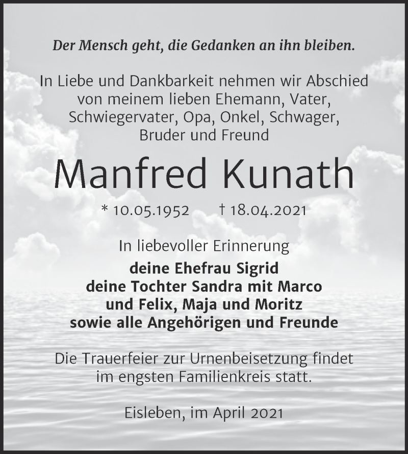 Traueranzeige für Manfred Kunath vom 30.04.2021 aus Trauerkombi Mansfelder Land