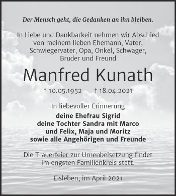 Traueranzeige von Manfred Kunath von Trauerkombi Mansfelder Land