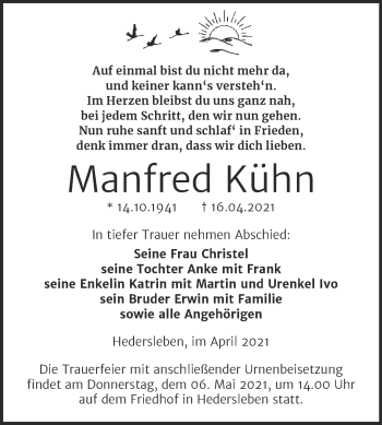 Traueranzeige von Manfred Kühn von Trauerkombi Quedlinburg