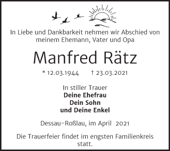 Traueranzeige von Manfred Rätz von Mitteldeutsche Zeitung Dessau-Roßlau