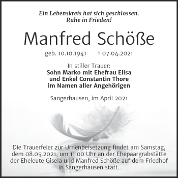 Traueranzeige von Manfred Schöße von Trauerkombi Sangerhausen