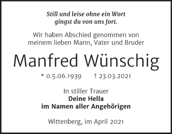 Traueranzeige von Manfred Wünschig von Trauerkombi Wittenberg