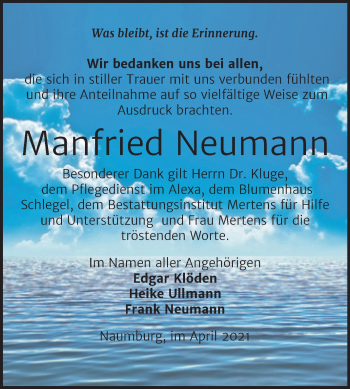 Traueranzeige von Manfried Neumann von Super Sonntag Naumburg/Nebra