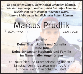 Traueranzeige von Marcus Prudlik von Mitteldeutsche Zeitung Merseburg/Querfurt