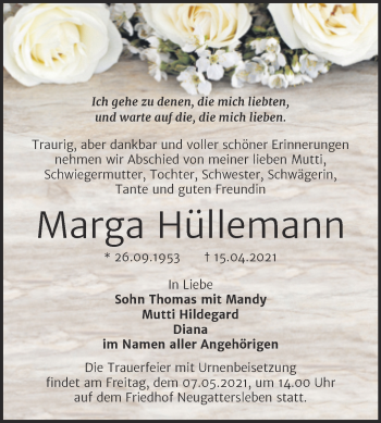 Traueranzeige von Marga Hüllemann von Mitteldeutsche Zeitung Bernburg