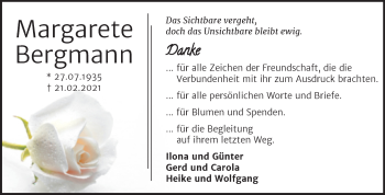 Traueranzeige von Margarete Bergmann von Mitteldeutsche Zeitung Bernburg