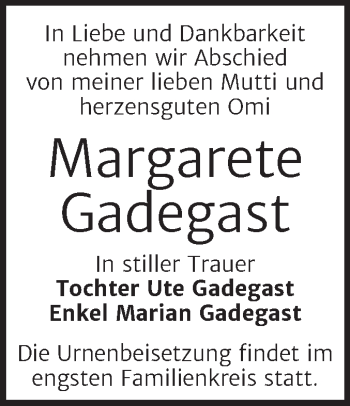 Traueranzeige von Margarete Gadegast von Trauerkombi Wittenberg